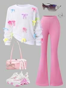 SHEIN Tween Girls' Pink Autumn Cute School Colorblock Bowknot Hollow Textured Sweatshirt & Slim Flare Pants 2 Piece Set,Sweet&Casual,Suitable For Outings - White - View 1