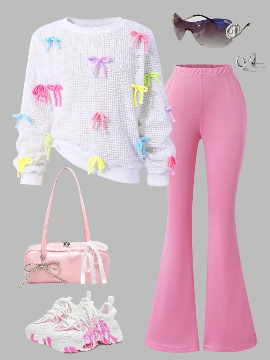 SHEIN Tween Girls' Pink Autumn Cute School Colorblock Bowknot Hollow Textured Sweatshirt & Slim Flare Pants 2 Piece Set,Sweet&Casual,Suitable For Outings - White - View 1