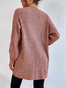 EURMUSE Ribbed Knit Drop Shoulder Open Front Cardigan - Pink - View 2