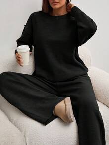 EURMUSE Women Round Neck Rib Knitted Sweater And Sweater Pant 2pcs Sets Co-Ord - Black - View 6