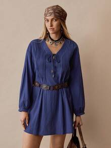 Florisole 女式 V 领系带短款棉质宽松长袖纯色连衣裙，适合冬季返校季 - 藏蓝色 - 查看 6