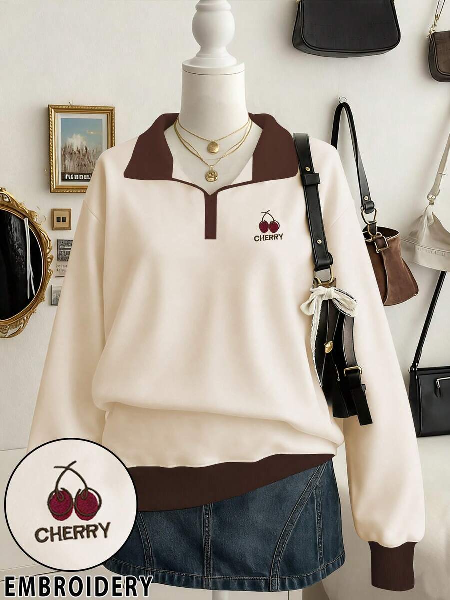 Lalippa 女士休闲日常通勤樱桃刺绣半拉链撞色领宽松运动衫，春秋季 - 杏色 - 查看 1