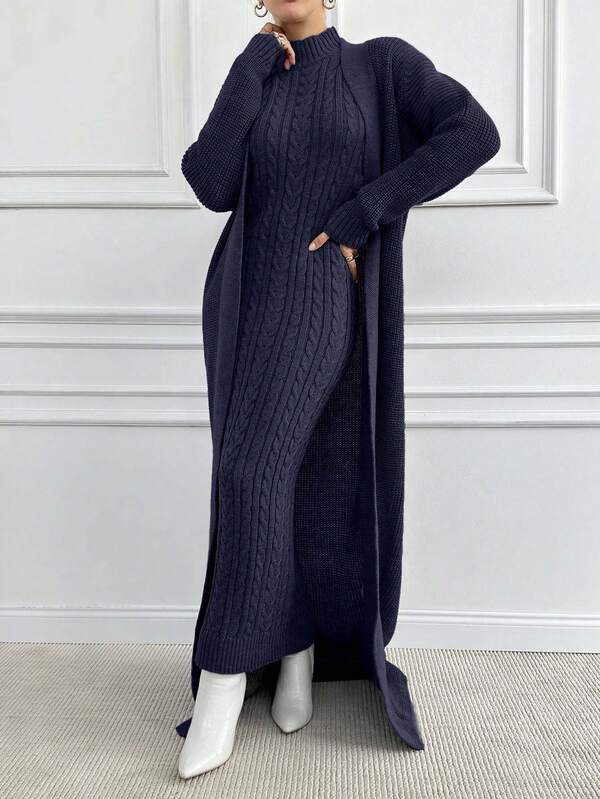 EURMUSE Women's Minimalist Solid Color Cable Knit Turtleneck Sweater Dress And Cardigan, Autumn/Winter