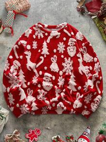 AXEPEAK 1pc Unisex Oversized Christmas All-Over Print Drop Shoulder Fluffy Sweatshirt - Red - View 1