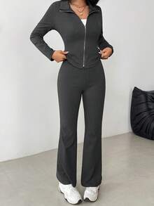 Franclia 2pcs Women Collared Zip Front Long Sleeve Top And Flared Straight Leg Pants Set, Suitable For Daily Wear - Grey - View 7