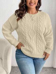 EMERY ROSE Plus Size Women Casual Everyday Commute Simple Solid Color Dropped Shoulder Loose Cable Knit Pullover Sweater, Autumn/Winter - Apricot - View 6
