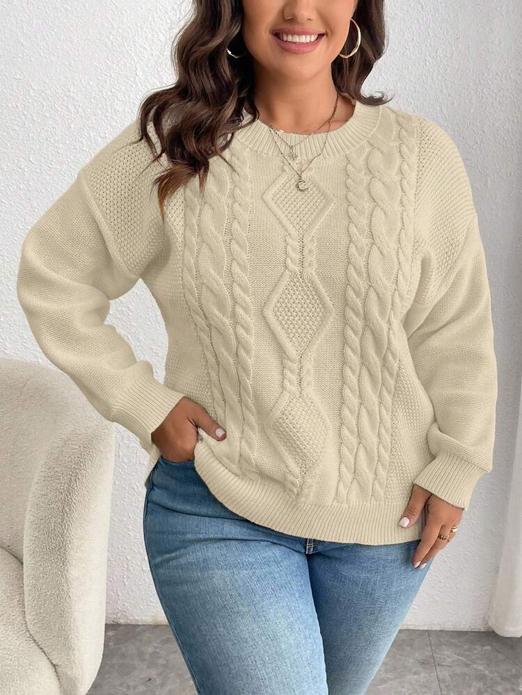 EMERY ROSE Suéter holgado de punto de cable de hombros caídos de unicolor simple para uso diario y casual para mujer de talla grande, otoño/invierno - Albaricoque - Añade 6