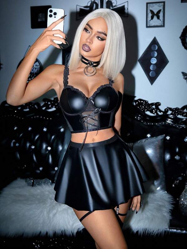 AltCore 5pcs Women Sexy Mesh PU Leather Ruffle Lace-Up Skirt Lingerie Set With Garter