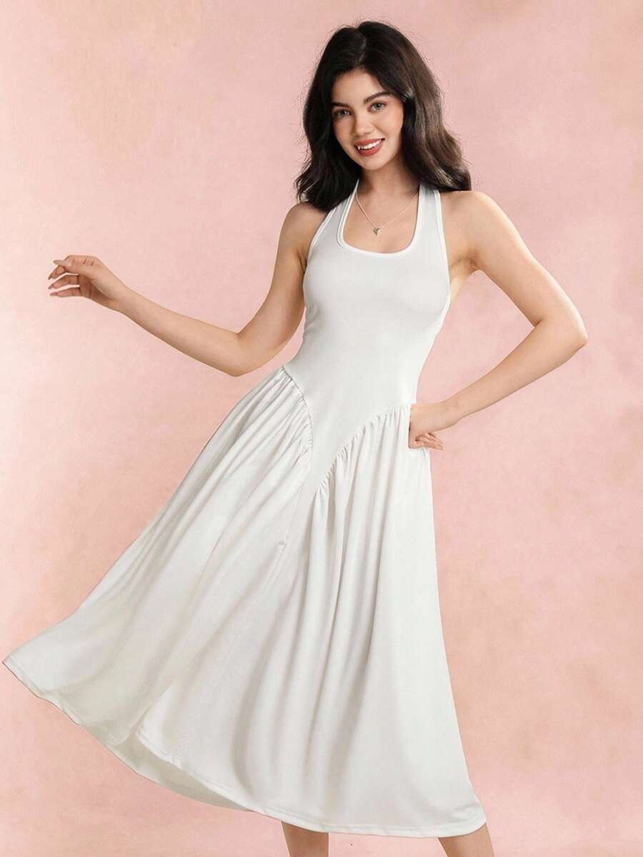 少女连衣裙，白色长裙细肩带方领束腰露背，适合度假、户外、学校、春夏季 - 白色 - 查看 1