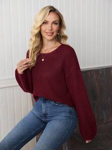 LanaWest Sweater Rajut Longgar Bergaris Kasual Wanita Warna Polos dengan Bahu Jatuh, Warna Abu-abu - Burgundy - View 3
