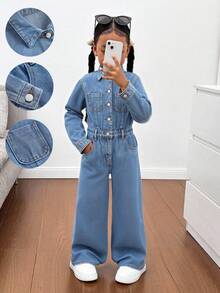 SHEIN Tween 女童秋冬休闲街头长袖单排扣口袋阔腿休闲牛仔连体裤，宽松高腰阔腿牛仔裤牛仔背带裤连体裤（不含 T 恤），女童秋冬服装街头服饰，返校节服装，圣诞服装万圣节服装，适合上学、居家和旅行 - 中等水洗藍 - 查看 1