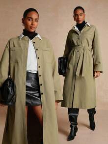 Lyxana Áo khoác trench coat dài cổ đứng cao cấp dáng rộng cho nữ - màu xanh lá - Xem 1
