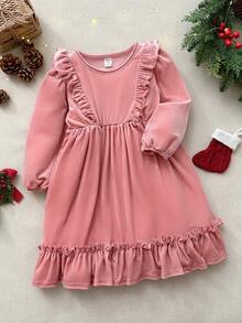 Blossori Young Girls' French Elegant Ruffle Trim Velvet Long Sleeve Dress - Pink - View 3