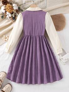 Khaki Textured Fabric Long Sleeve Dress - Purple - View 2