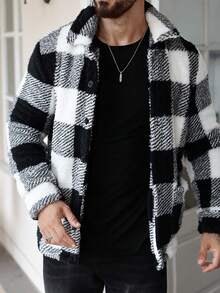 Manfinity Homme Men's Loose Fit Plaid Fleece Long Sleeve Single Breasted Casual Jacket, Autumn Winter,Men Flannel,Winter Men Jacket Men Knitted Button Up Men Shacket Men Flannels Black And White Jacket Plaid Jacket Men - Black - View 7