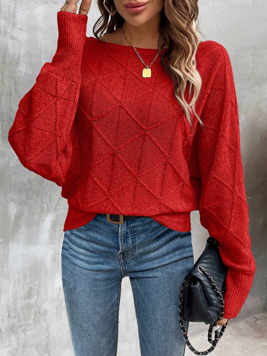 EMERY ROSE Women's Casual Solid Color Crew Neck Long Sleeve Sweater - Red - View 1