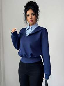 SHEIN Elenzya 女式休闲拼布格子宽松落肩运动衫，秋季 - 藏蓝色 - 查看 5