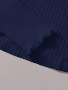 SHEIN EZwear Navy Blue Ribbed Knit Stand Collar Long Sleeve Fitted Casual T-Shirt, Plus Size/Fall/Winter