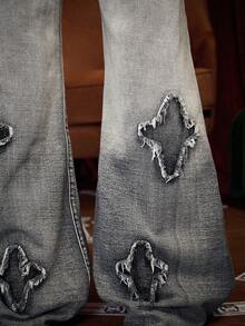 PAVTROS Jeans da uomo a gamba dritta con toppe ricamata, jeans messicani, Natale - Grigio Chiaro - Visualizzare 4