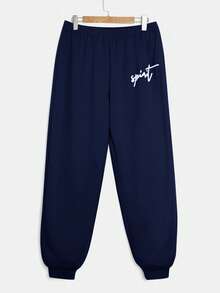 SHEIN EZwear 海军蓝加大码女式印花运动衫和运动裤两件套 - 藏蓝色 - 查看 3