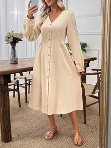 EMERY ROSE Women's Solid Color V-Neck Long Sleeve Single-Breasted Casual Mid-Length Dress Women Dresses Autumn Winter  One-Piece Dress Ladies Autumn Winter Cozy Fall And Winter Clothes For Women  New Year Dress - White - View 1