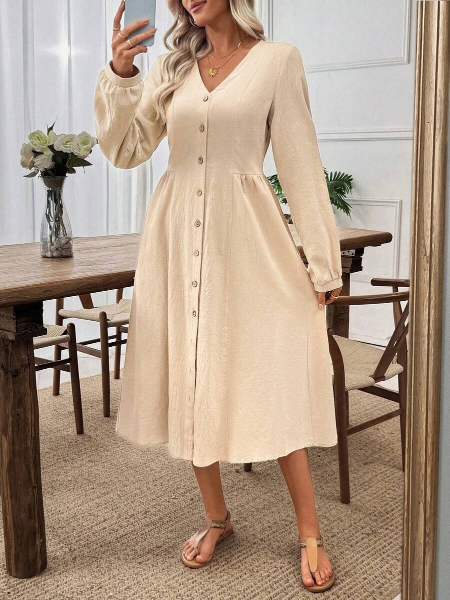 EMERY ROSE Women's Solid Color V-Neck Long Sleeve Single-Breasted Casual Mid-Length Dress Women Dresses Autumn Winter  One-Piece Dress Ladies Autumn Winter Cozy Fall And Winter Clothes For Women  New Year Dress - White - View 1