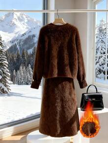 2件套高端套头衫和裙子套装 - 咖啡棕 - 查看 2