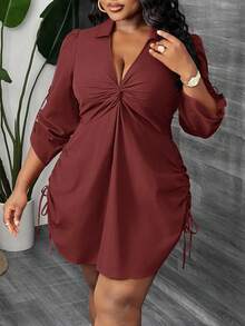 Slaydiva 优雅休闲通勤派对约会性感修身纯色红棕色长袖褶皱扭结前襟抽绳腰迷你衬衫裙，适合大码女装，春秋季 - 紅木色 - 查看 4