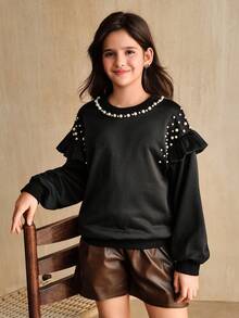 SHEIN Girls' Beaded Sweatshirt With Ruffle Trim Design, Versatile For Indoor And Outdoor Wear, Suitable For Autumn/Winter - Black - View 6