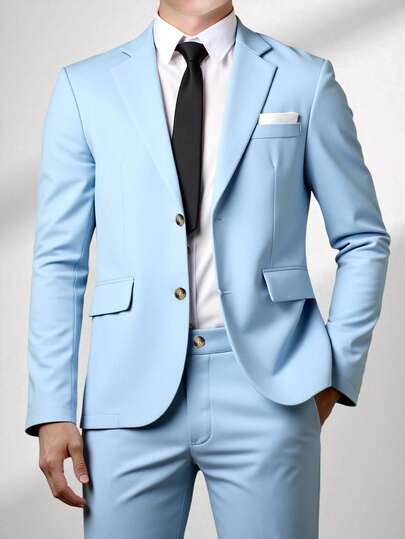 SHEIN 2pcs Teen Boy Gentleman Set: Solid Color Suit Jacket + Formal Trousers, Elegant, Luxury Outfit For Birthday Party, Evening, Performance, Hosting, Wedding Season, Birthdays, Weddings, Wedding Guests, Pageboys, Ring Bearers