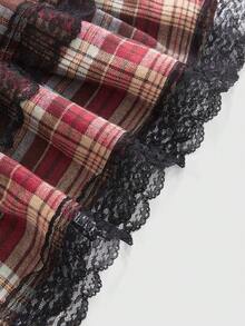 ROMWE Grunge Punk Falda plisada de línea A con parches de encaje a cuadros y lazo para mujer - Rojo - Ver 4