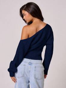 MUSERA 蓬松针织不对称领口收腰毛衣上衣，复古、可爱、乡村、田园风、休闲家居服，适合女士穿着，焦糖色，适合晚宴、派对、优雅春季穿着。 - 藏蓝色 - 查看 4