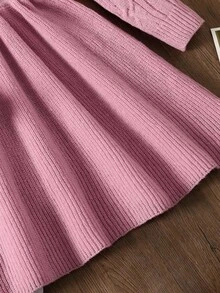 SHEIN Serisse Kids Tween Girl Fashionable Cable Knit Jacquard Crew Neck Casual Waist Cinched Long Sleeve Sweater Dress, Girls Pink Dress,  Girls Knitted Dress, Girls Midi Dress With Sleeves, Long Sleeve Midi Dress, Tween Midi Dress