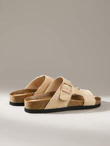 Solecia Women's Fashion Buckle Detail Flat Sandals, Summer Beach Vacation Slip-On Sandals - Apricot - View 5