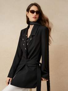 INAWLY Chaqueta blazer elegante de cintura ceñida con cuentas, estilo francés minimalista, para mujer, nueva para otoño - Negro - Ver 4