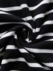 SHEIN Unity Women's Black & White Striped Boat Neck Button-Up Long Sleeve Waist Cinched Bodycon Mini Dress, Sexy Fitted Design, Autumn European Style - Black and White - View 3