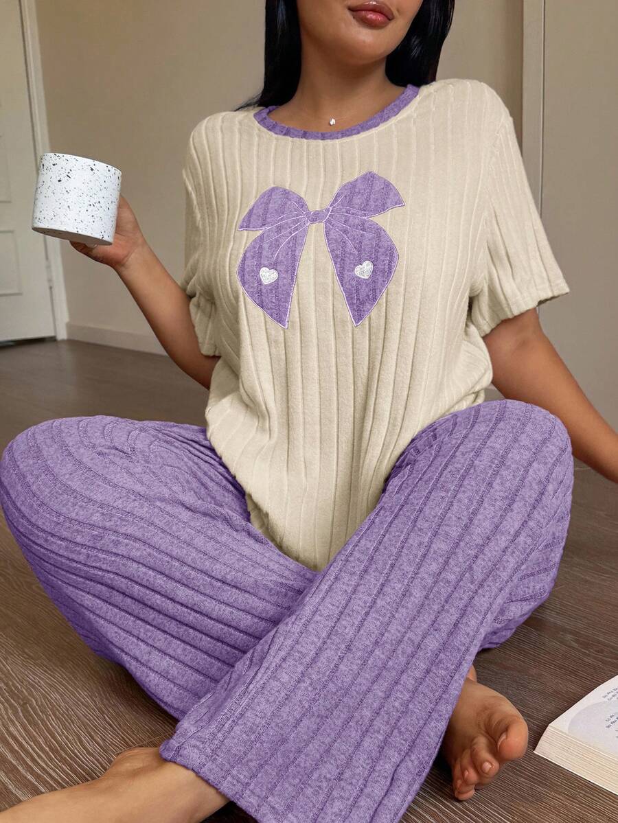 SHEIN Plus Size Women Knitted Ribbed Bow Embroidered Round Neck Short Sleeve Pants Casual Pajama Set - Purple - View 1