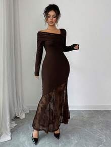 Modelyn Women's Elegant Lace Patchwork Midi Dress - Coffee Brown - View 5