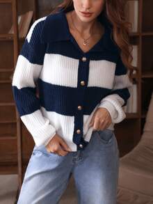 SHEIN Clasi Women's Casual Commuter Contrast Striped Pattern Drop Shoulder Loose Button Front Cardigan, Autumn/Winter