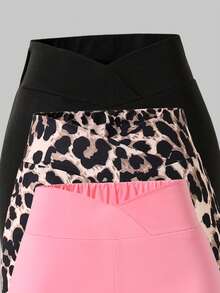 SHEIN 3pcs Girls Leopard Print Minimalist Black Skinny Flare Pants, Versatile Casual Wear For Spring, Summer And Autumn