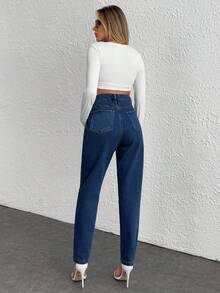 EURMUSE 100%Cotton High Waist Solid Pocket Mom Fit Jeans - Blue - View 2