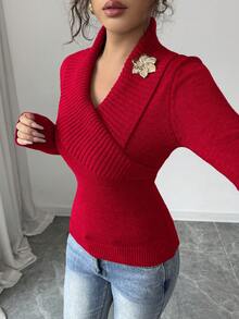 Elenzga Women's Elegant Casual Commuter Fashion Folded Collar Long Sleeve Decorative Button Knit Sweater, Autumn/Winter - Red - View 6