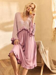 Lullawish Váy ngủ nữ viền bèo nhún khoét rỗng họa tiết Bohemian Jacquard, mùa đông - Bụi tím - Xem 6