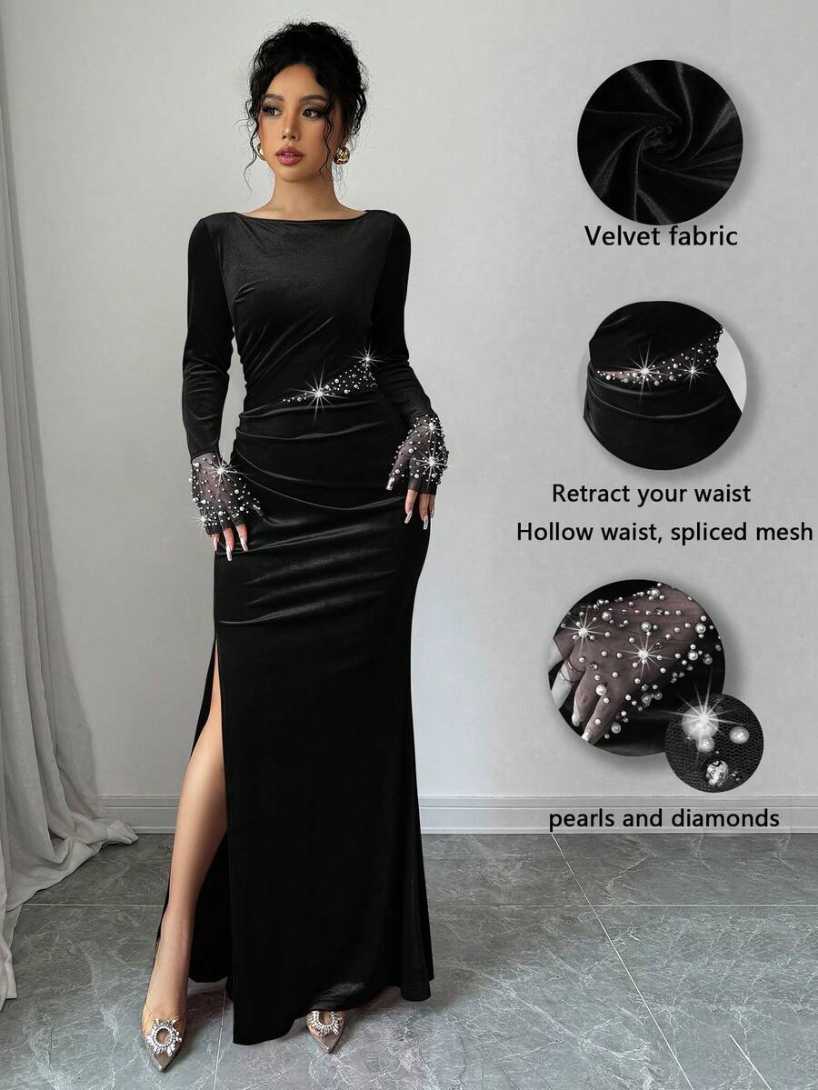 Elenzga 情人节红色节日连衣裙，长袖拼接珍珠串珠收腰褶皱开衩优雅浪漫连衣裙女 - 黑色 - 查看 1