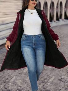 SHEIN LUNE Plus Size Color Block Thermal Lined Hooded Long Sleeve Jacket, Autumn/Winter - Burgundy - View 5