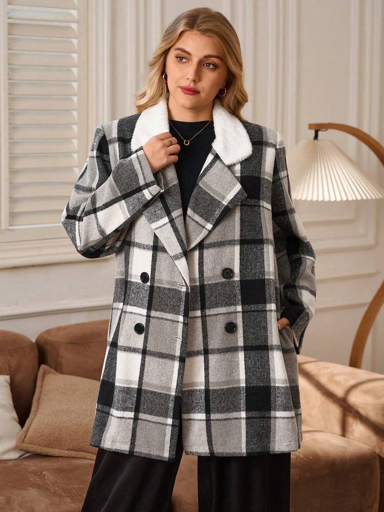 Plus Size Plaid Faux Fur Jacket, Autumn/Winter Going Out,2025 New,Simple And Fashionable For Everyday Wear, Winter, Christmas,New Year,Date Night