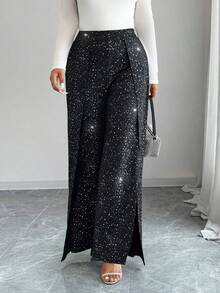 Elenzga Pantalon droit à fente haute et feuille métallique pour femmes grandes tailles, convient pour le quotidien, les fêtes, les concerts et les festivals de musique - Noir - Voir 5