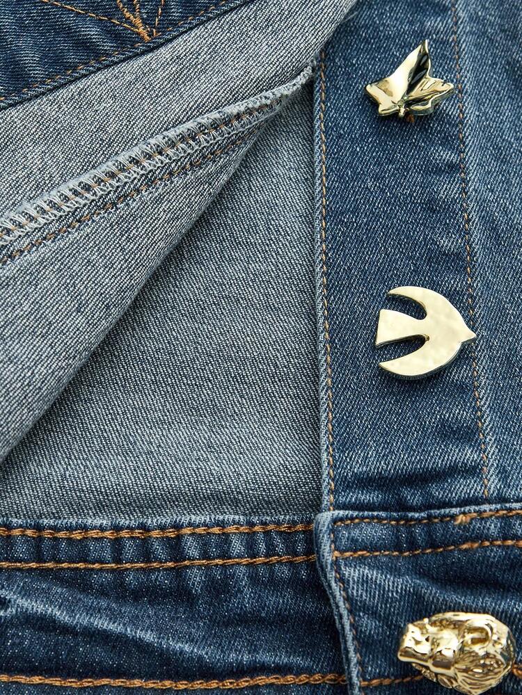 SHEIN Maija Women's Vintage Denim Jacket Exquisite Metal Button Short Coat Elegant Autumn Women's Clothing Workplace Outfits Old Money Style