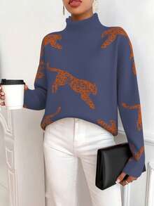 SHEIN Clasi Women Animal Pattern Turtleneck Long Sleeve Sweater - Blue - View 5