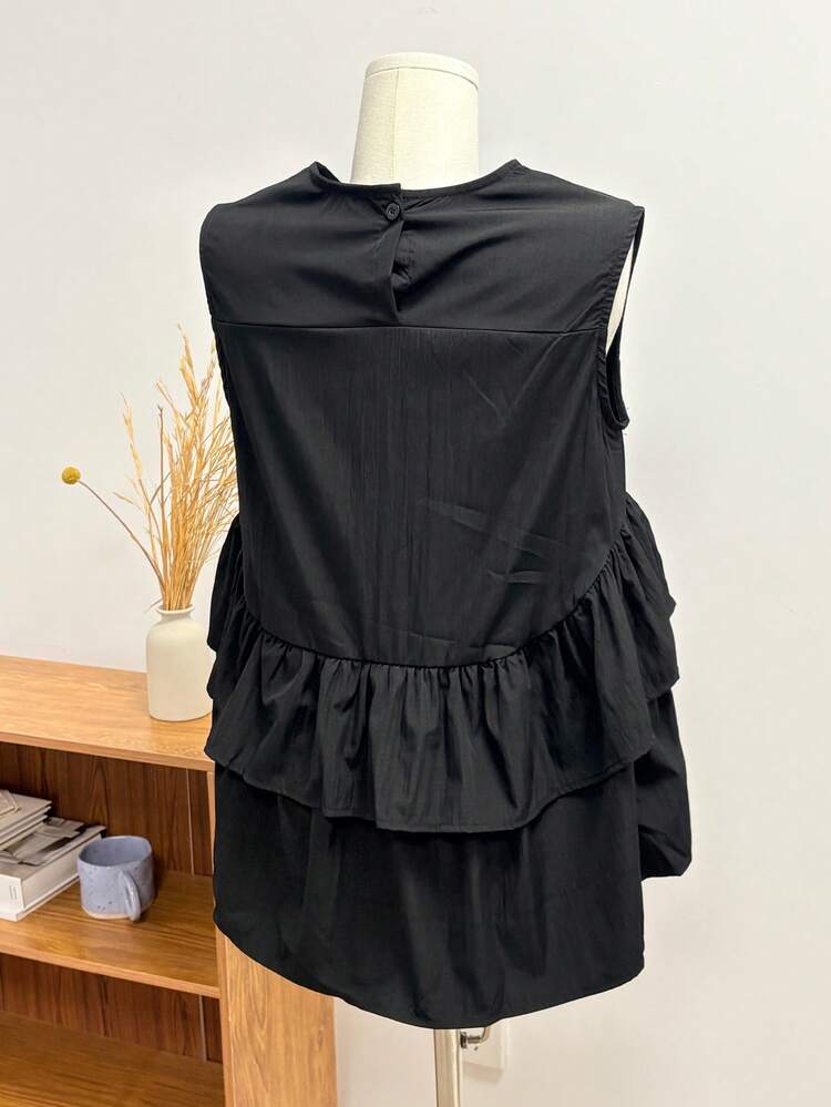 FRIFUL Women's Loose Fit Round Neck Layered Ruffle Hem Splice Casual Blouse, Autumn - Black - View 10